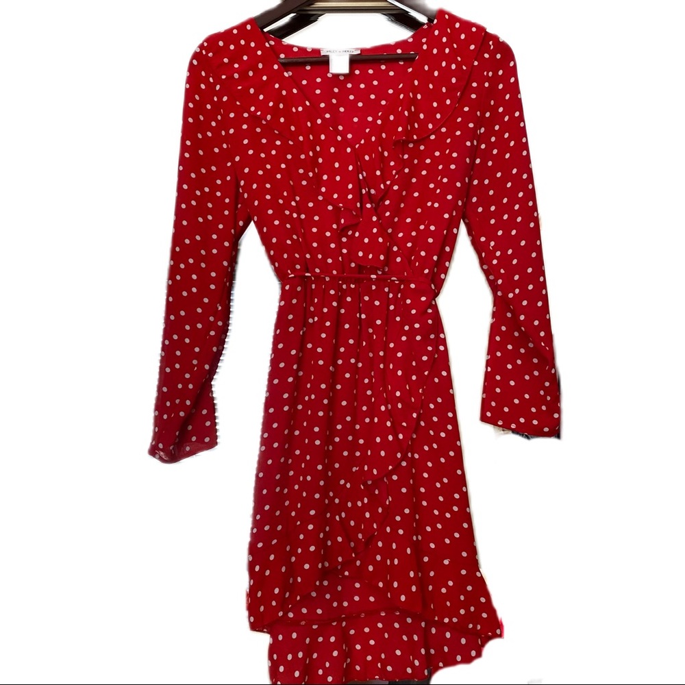 DOLLS KILL Miley & Molly Red Polka Dot Mini Faux Wrap Dress